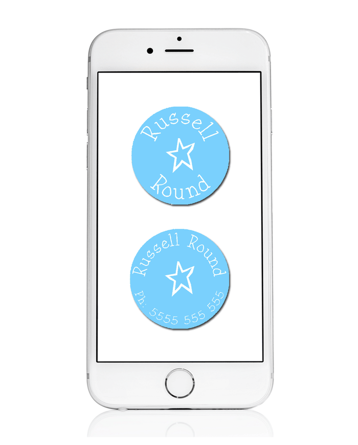 White iPhone with round name labels