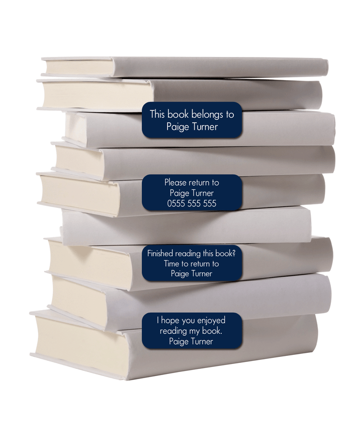 Pile of white books with book labels