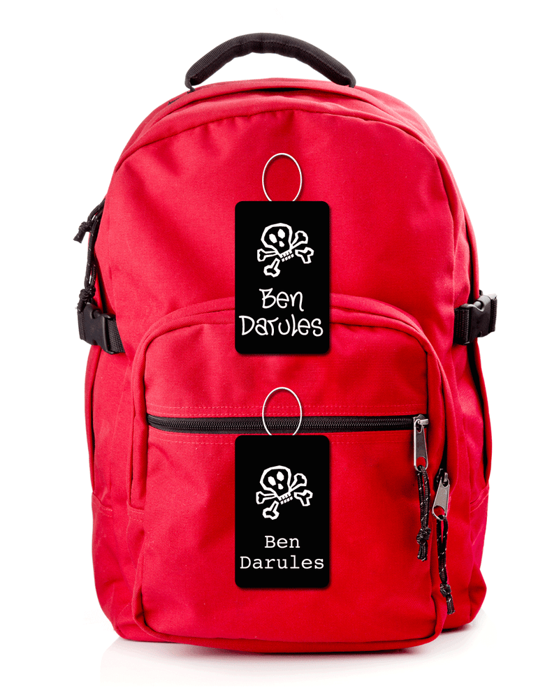 Red school backpack with bag tags